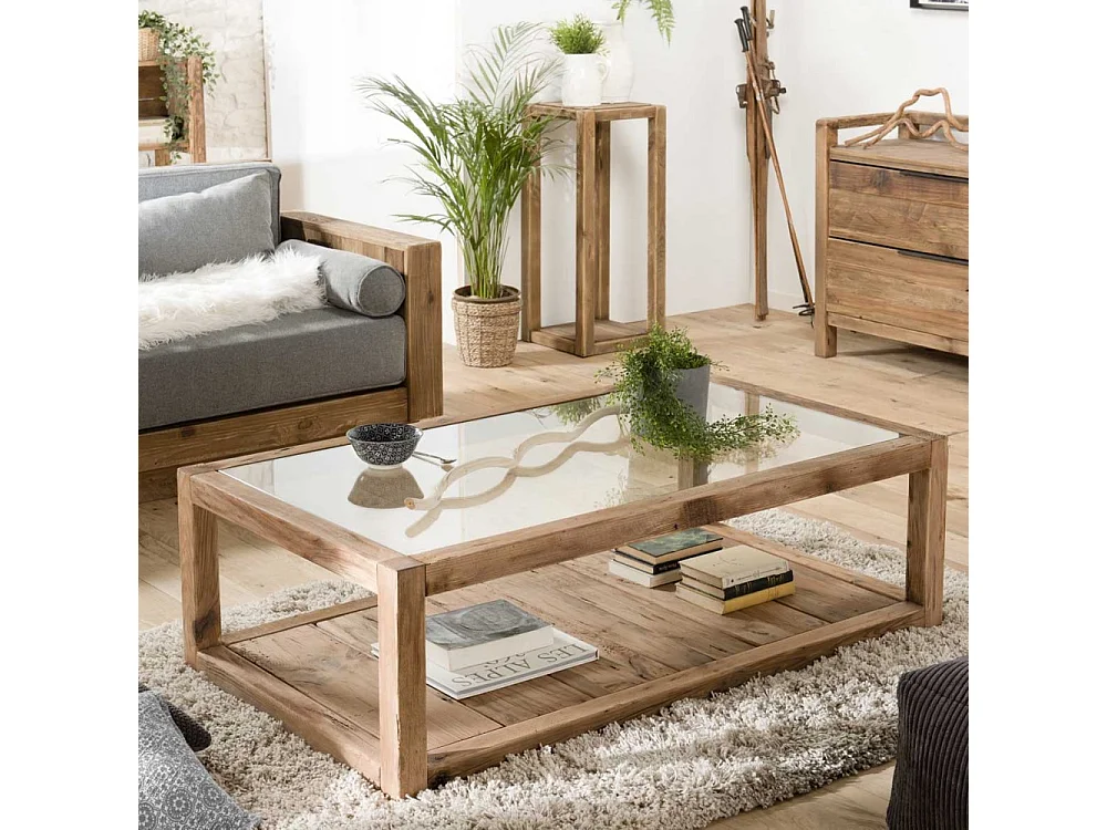 SANDY - Table basse marron 1 plateau verre 1 plateau bois Pin recyclé