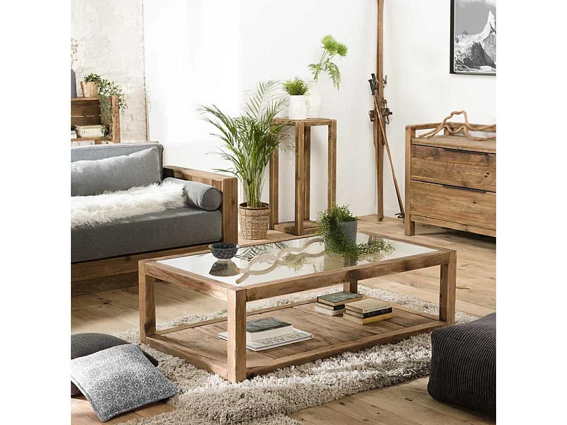 SANDY - Table basse marron 1 plateau verre 1 plateau bois Pin recyclé