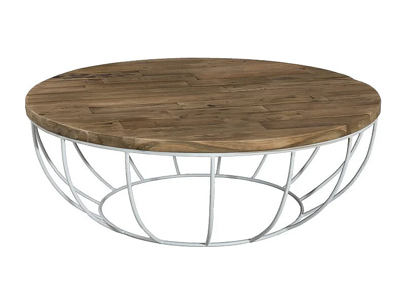 SIXTINE - Table basse plateau 100x100cm bois teck recyclé métal blanc