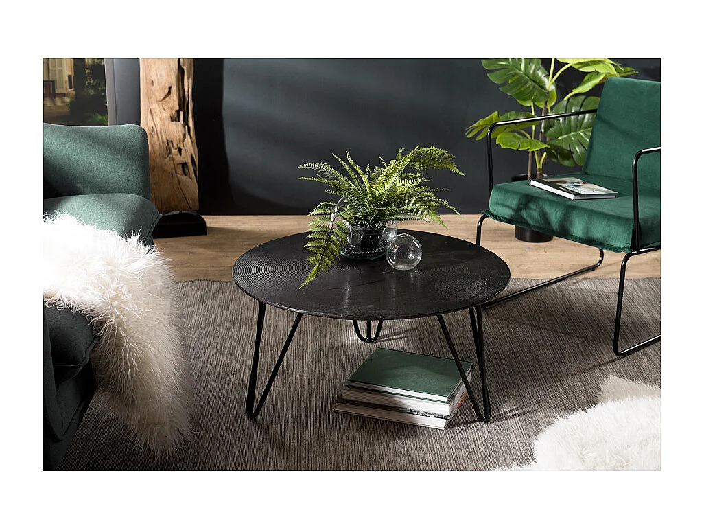 JOHAN - Table basse ronde 75x75cm alu. noir pieds épingles métal noir