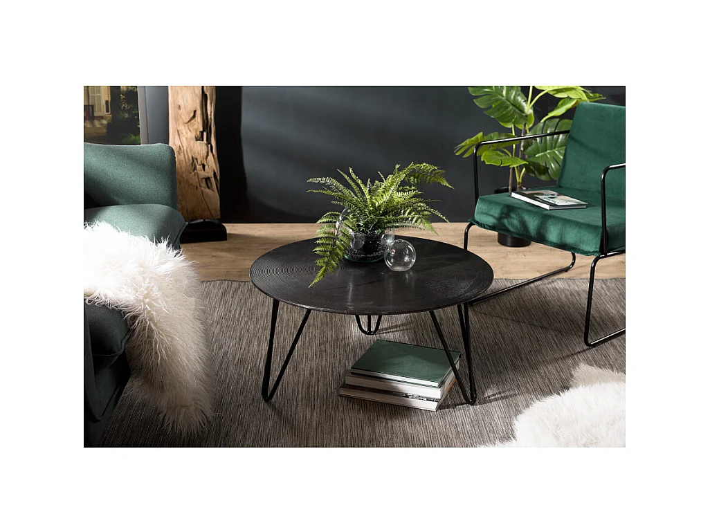 JOHAN - Table basse ronde 75x75cm aluminium noir pieds épingles métal noir