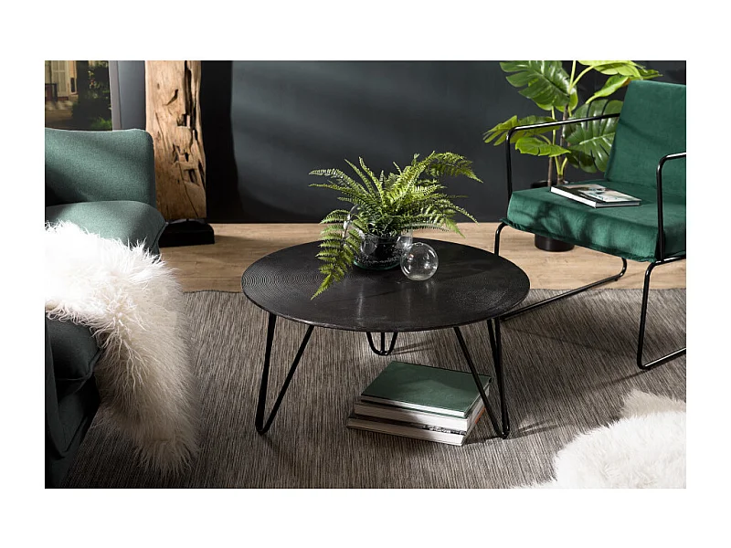 JOHAN - Table basse ronde 75x75cm alu. noir pieds épingles métal noir
