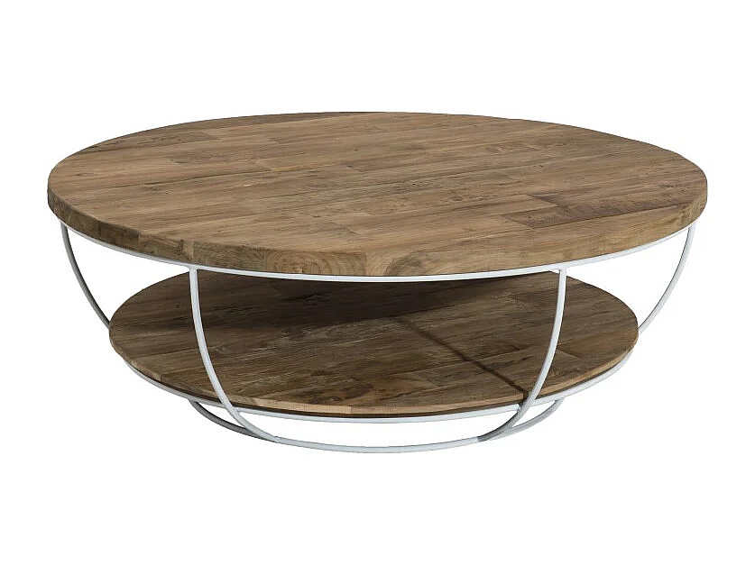 SIXTINE - Table basse plateau 100x100cm bois teck recyclé métal blanc