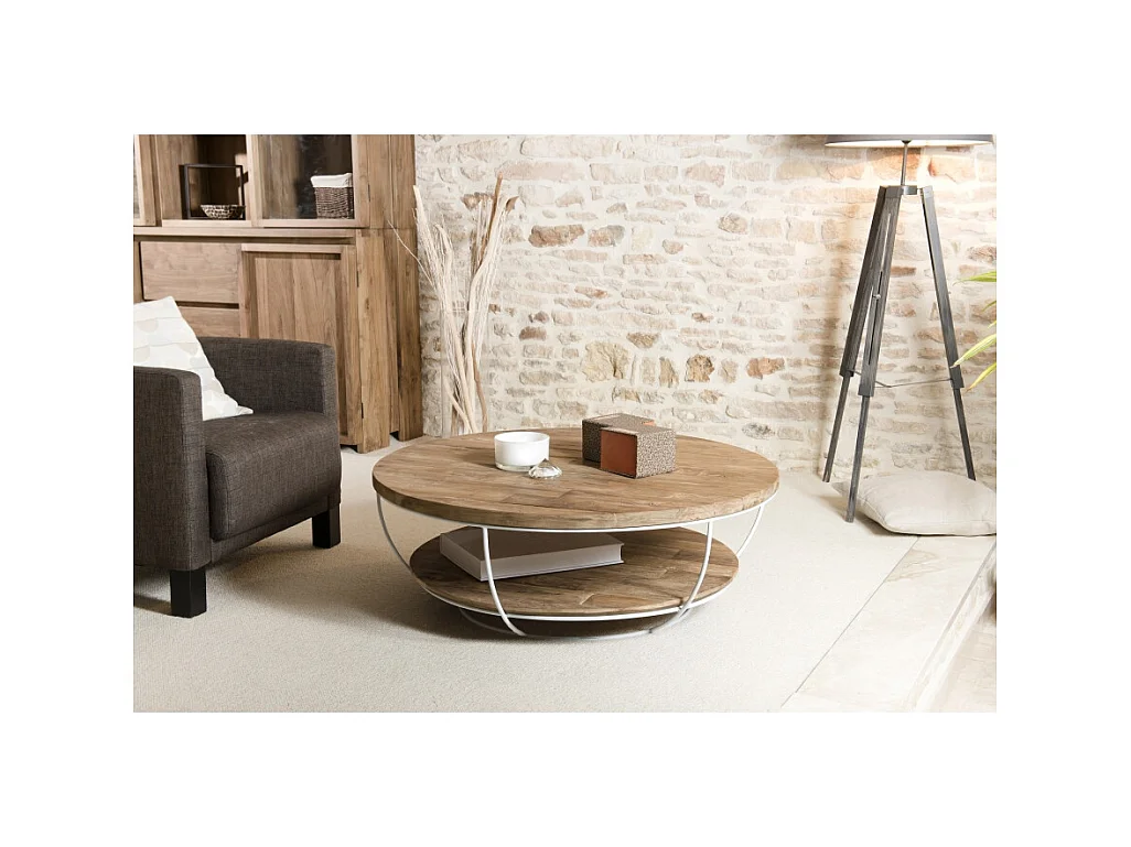 SIXTINE - Table basse plateau 100x100cm bois teck recyclé métal blanc