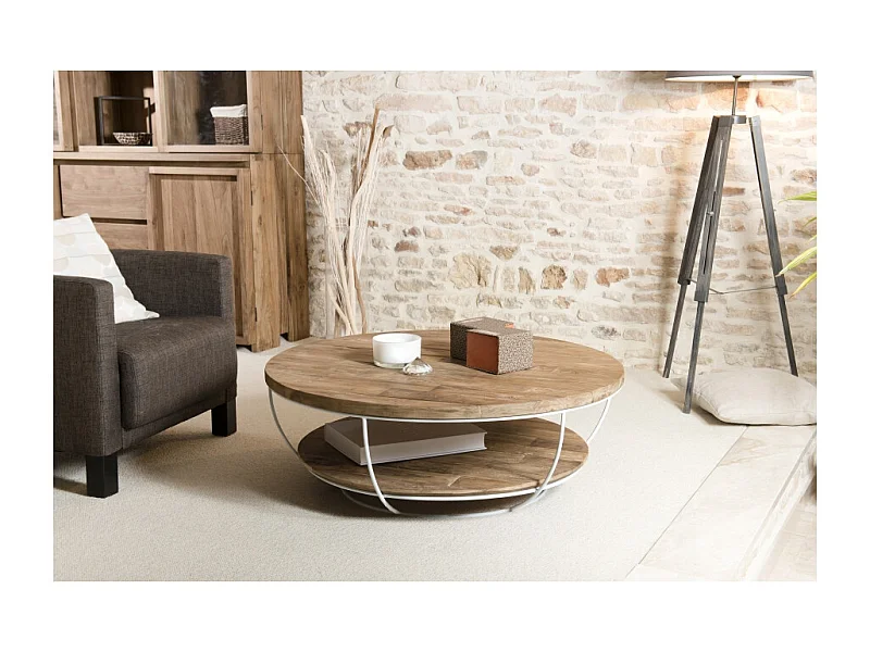 SIXTINE - Table basse plateau 100x100cm bois teck recyclé métal blanc