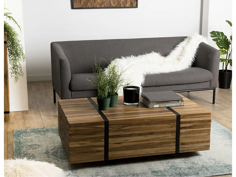 SUZY - Table basse rectangulaire 110x70cm avec roulettes bois Teck recyclé cerclée métal noir