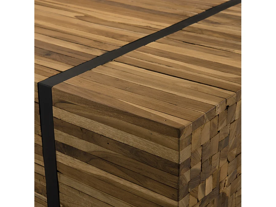 SUZY - Table basse rectangulaire 110x70cm avec roulettes bois Teck recyclé cerclée métal noir