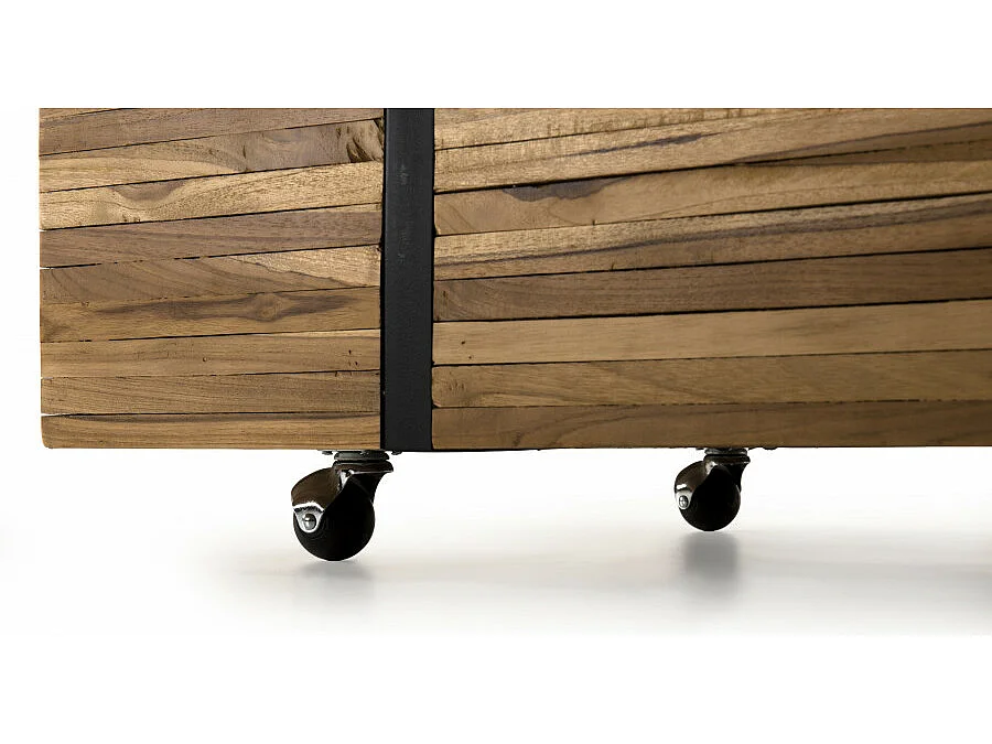 SUZY - Table basse rectangulaire 110x70cm avec roulettes bois Teck recyclé cerclée métal noir