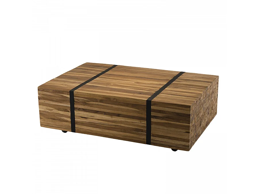 SUZY - Table basse rectangulaire 110x70cm avec roulettes bois Teck recyclé cerclée métal noir