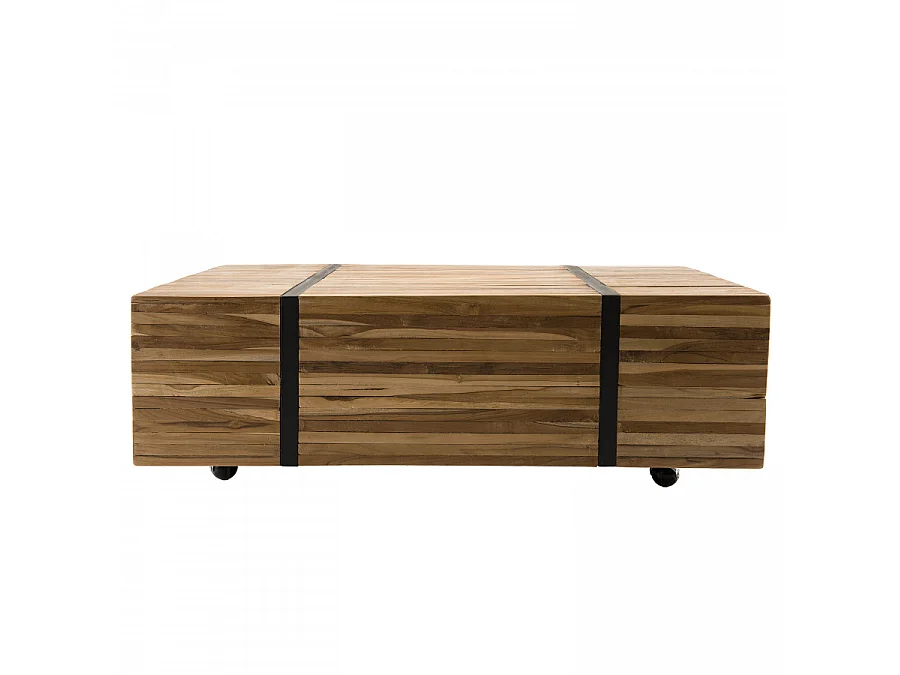 SUZY - Table basse rectangulaire 110x70cm avec roulettes bois Teck recyclé cerclée métal noir
