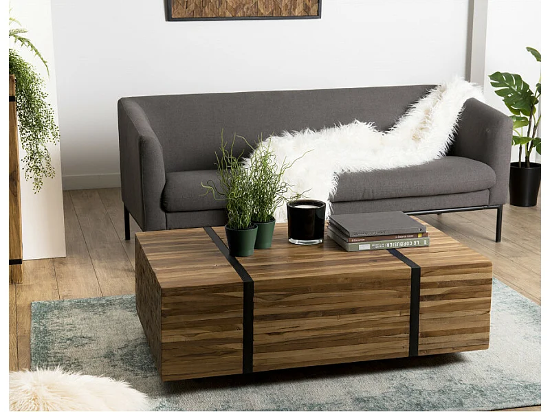 SUZY - Table basse rectangulaire 110x70cm avec roulettes bois Teck recyclé cerclée métal noir