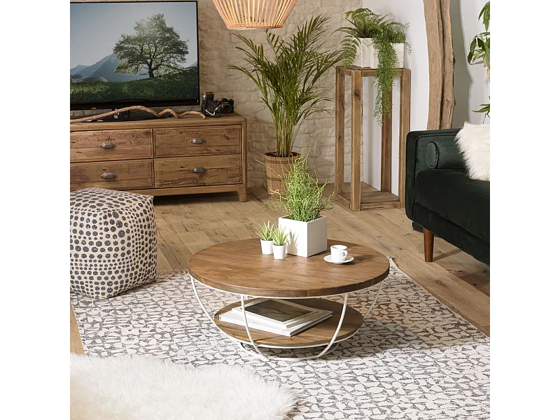 SIXTINE - Table basse coque ronde 80x80cm double plateau teck recyclé métal blanc