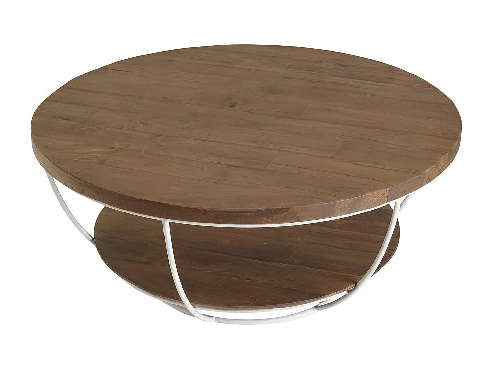 SIXTINE - Table basse coque ronde 80x80cm double plateau teck recyclé métal blanc
