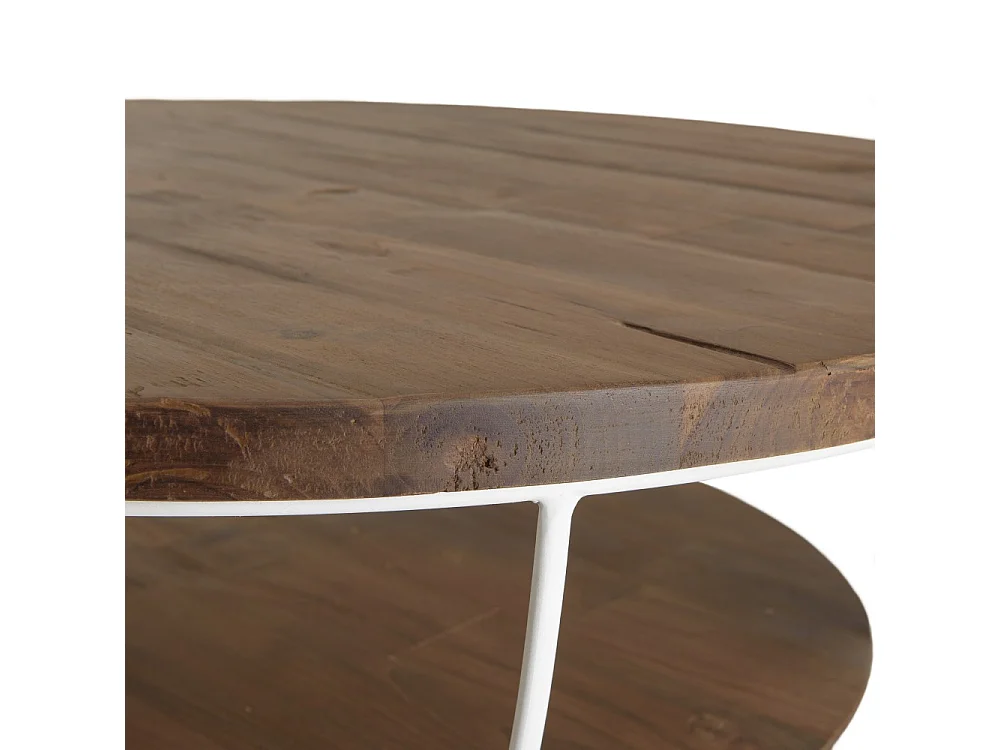 SIXTINE - Table basse coque ronde 80x80cm double plateau teck recyclé métal blanc