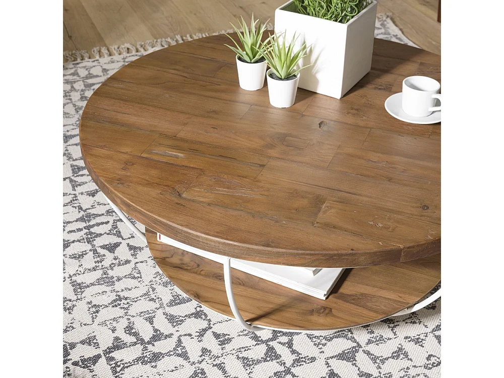 SIXTINE - Table basse coque ronde 80x80cm double plateau teck recyclé métal blanc