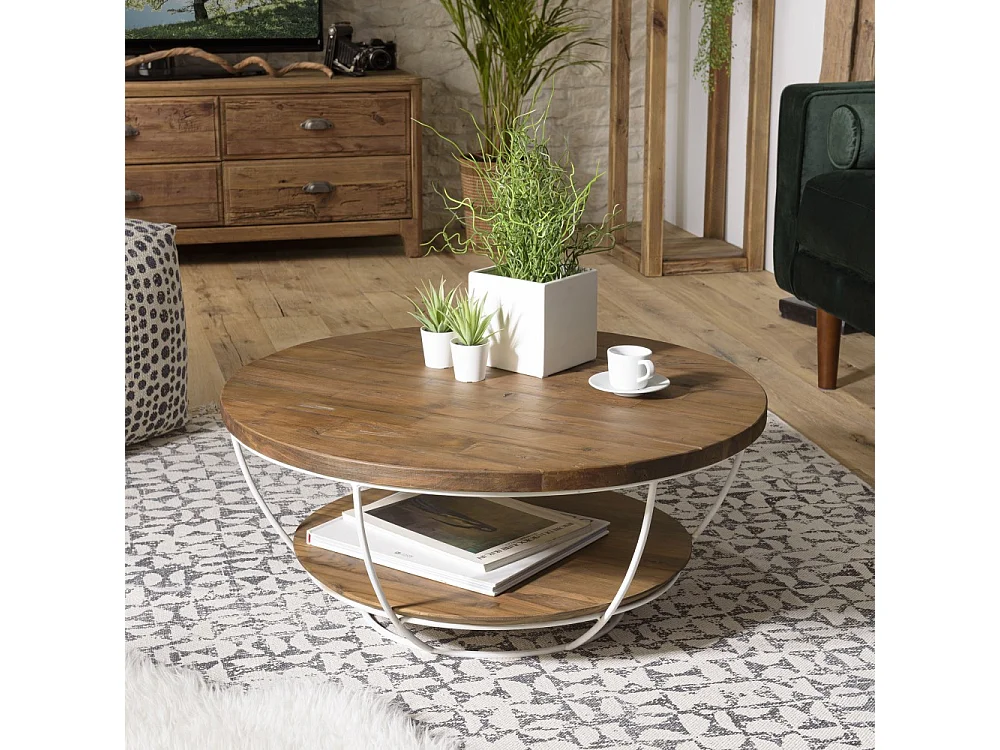 SIXTINE - Table basse coque ronde 80x80cm double plateau teck recyclé métal blanc