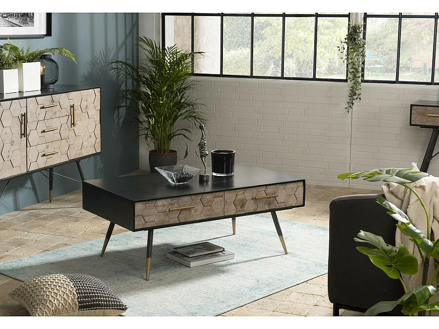 DALIE - Table basse noire rectangulaire 2 tiroirs scandi bois sapin marqueté pieds métal doré