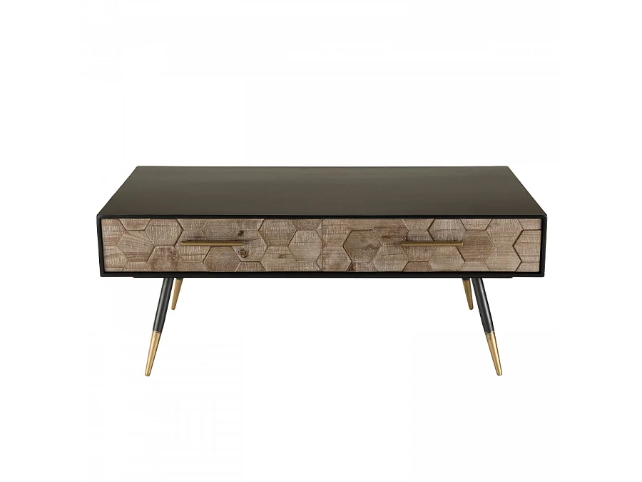 DALIE - Table basse noire rectangulaire 2 tiroirs scandi bois sapin marqueté pieds métal doré
