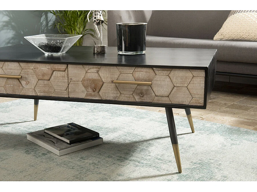 DALIE - Table basse noire rectangulaire 2 tiroirs scandi bois sapin marqueté pieds métal doré