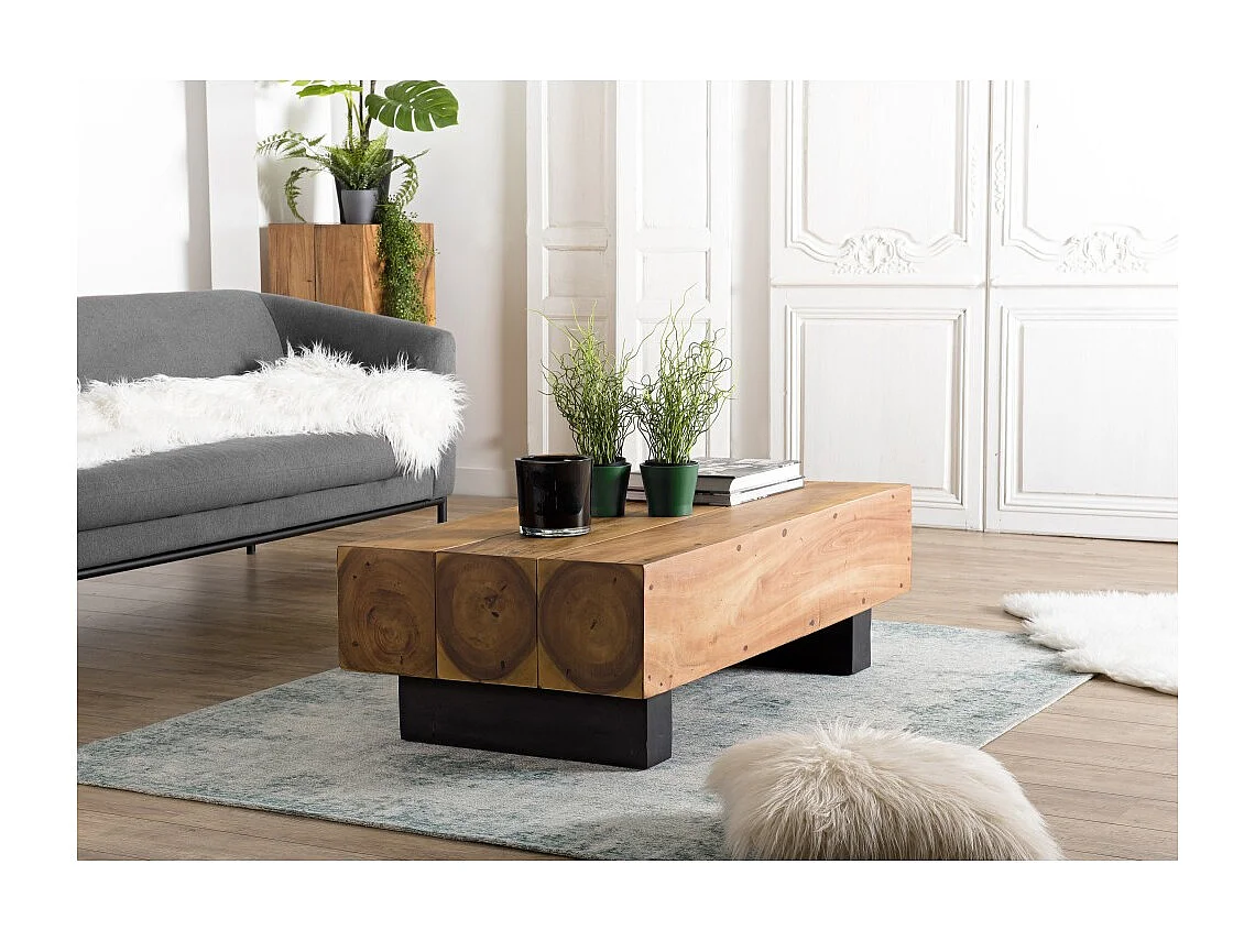SAM - Table basse poutres 120x60cm bois Suar pieds noirs