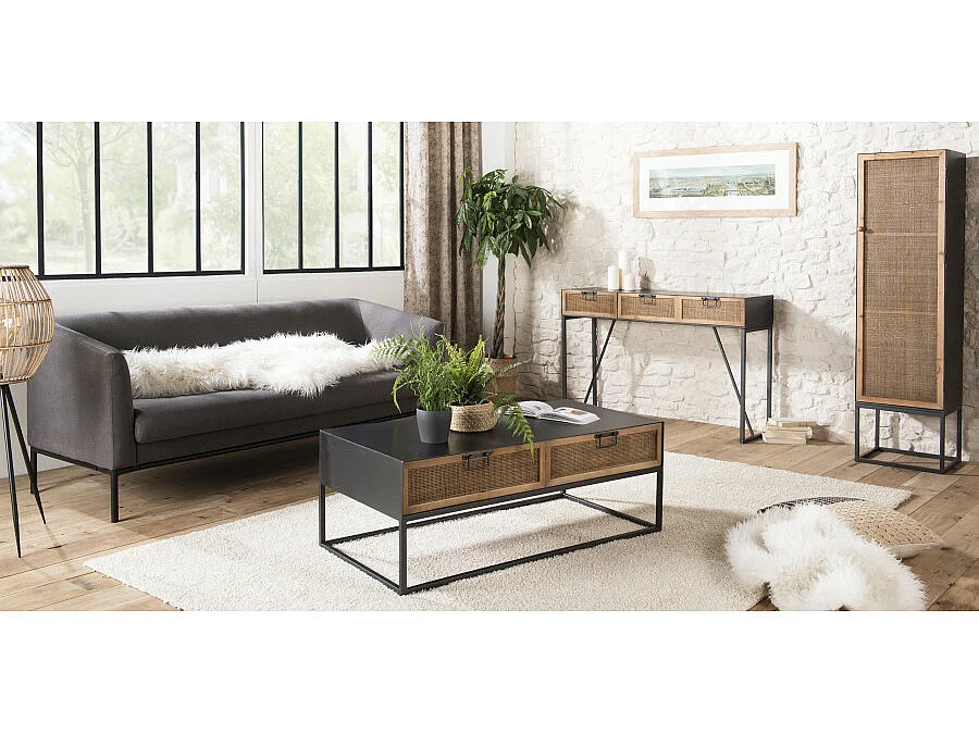 DORIANE - Table basse rectangulaire noire métal 2 tiroirs cannage naturel