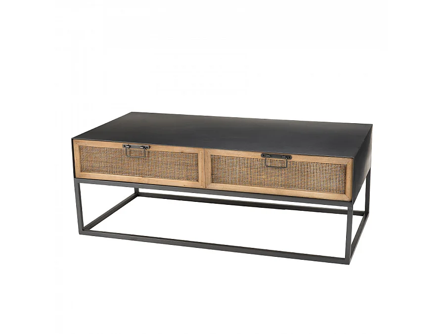 DORIANE - Table basse rectangulaire noire métal 2 tiroirs cannage naturel