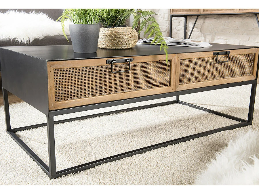 DORIANE - Table basse rectangulaire noire métal 2 tiroirs cannage naturel
