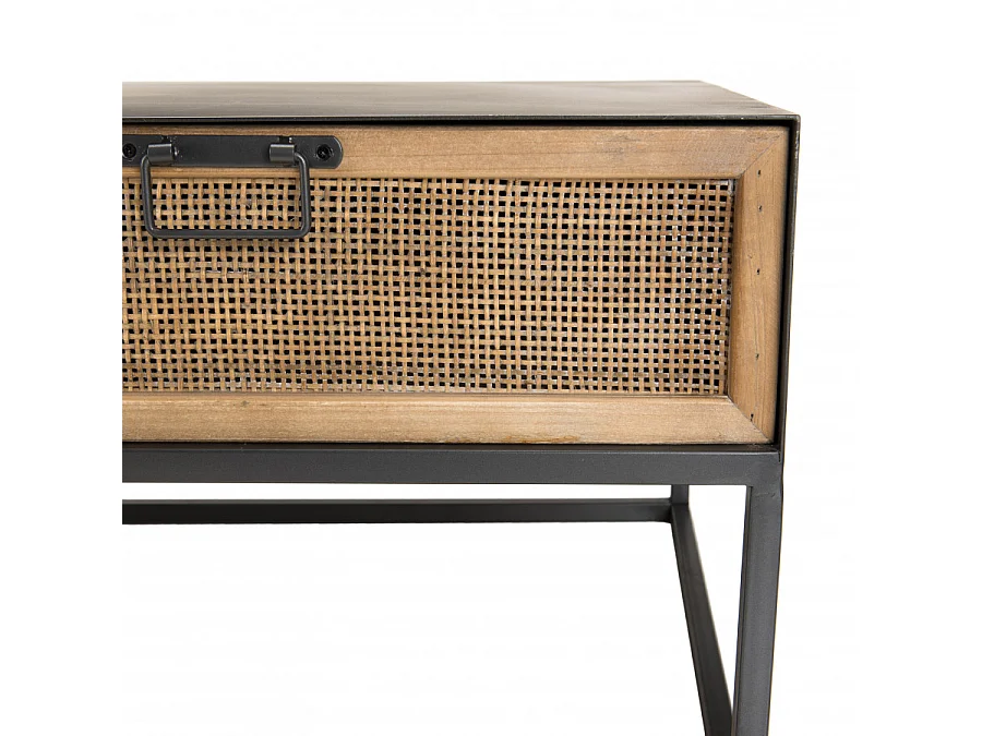 DORIANE - Table basse rectangulaire noire métal 2 tiroirs cannage naturel