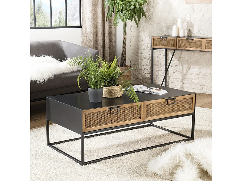 DORIANE - Table basse rectangulaire noire métal 2 tiroirs cannage naturel