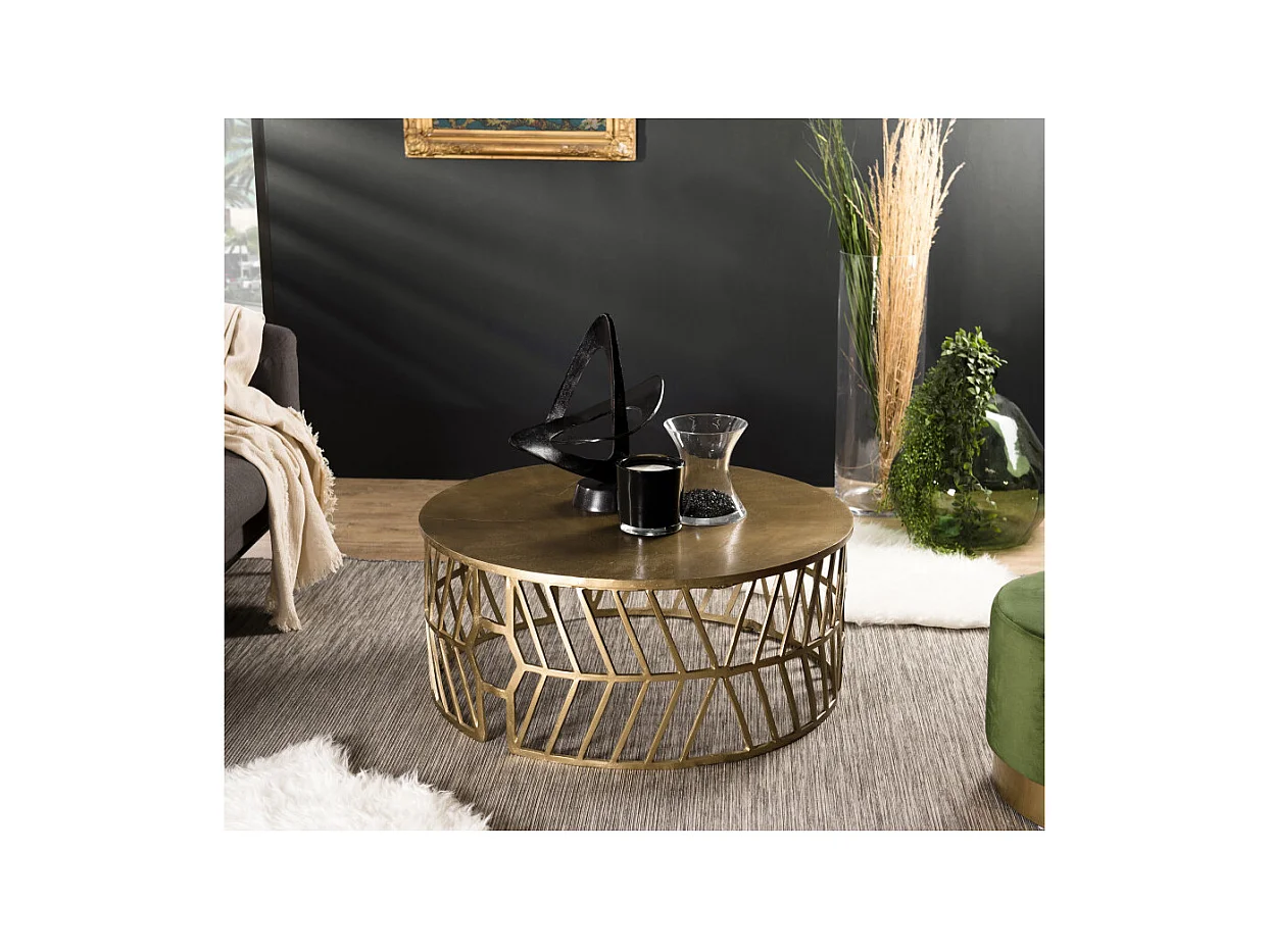 JOHAN - Table basse ronde 89x89cm aluminium doré piètement graphique