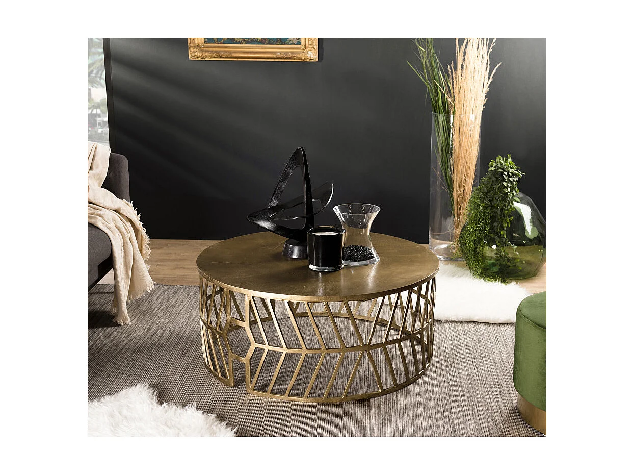 JOHAN - Table basse ronde 89x89cm aluminium doré piètement graphique