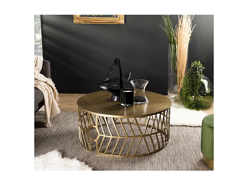 JOHAN - Table basse ronde 89x89cm aluminium doré piètement graphique