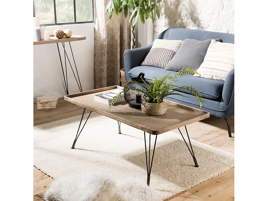 DORIANE - Table basse rectangulaire plateau cannage naturel pieds métal noir