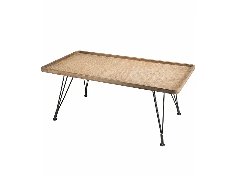 DORIANE - Table basse rectangulaire plateau cannage naturel pieds métal noir