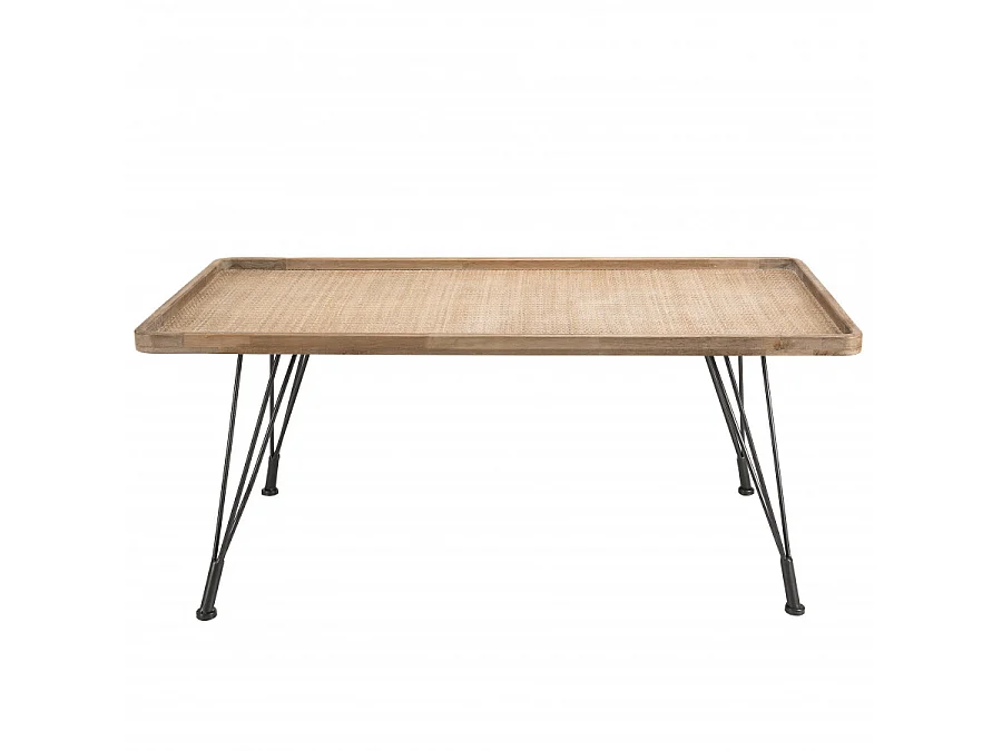 DORIANE - Table basse rectangulaire plateau cannage naturel pieds métal noir
