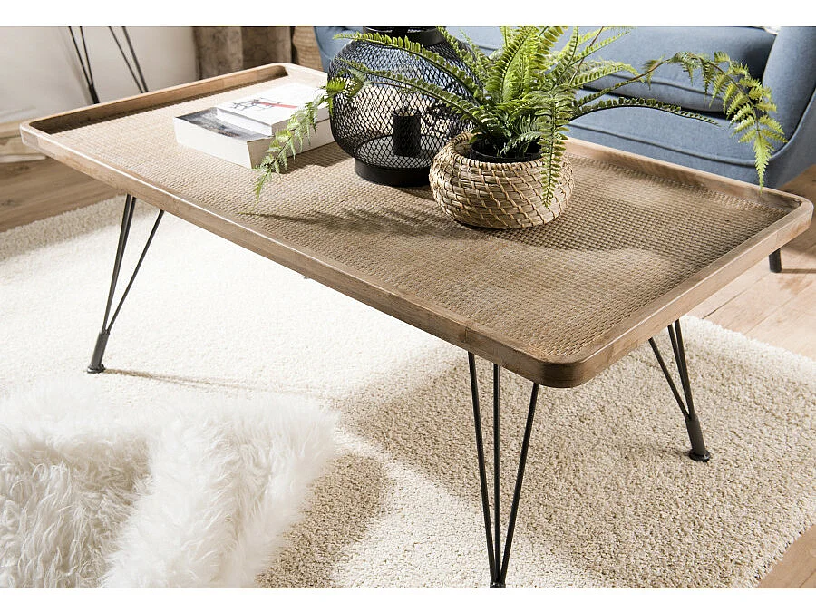 DORIANE - Table basse rectangulaire plateau cannage naturel pieds métal noir