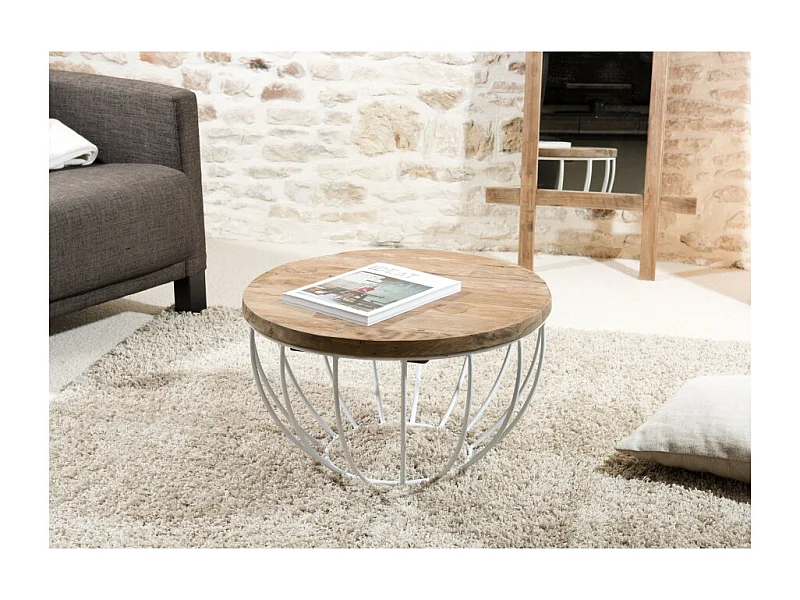 SIXTINE - Table basse plateau 60x60cm bois teck recyclé métal blanc
