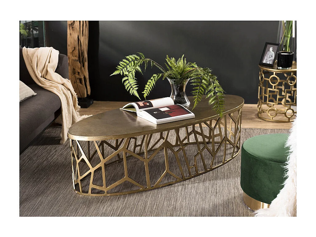 JOHAN - Table basse ovale 150x60cm aluminium doré piètement graphique