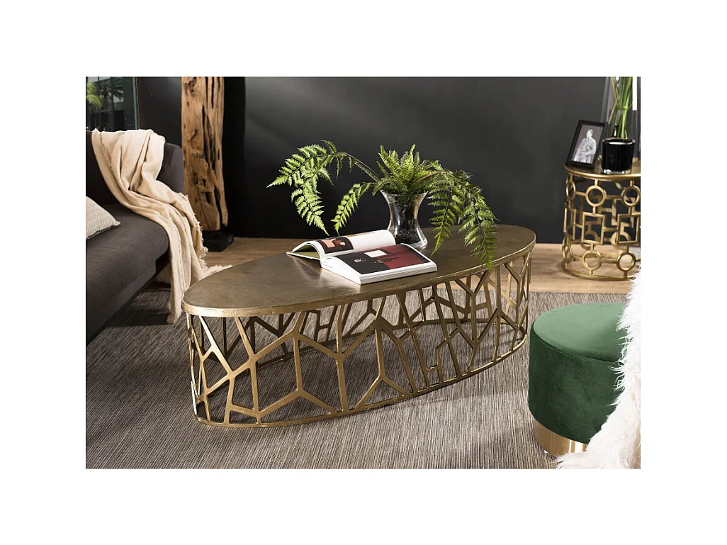 JOHAN - Table basse ovale 150x60cm aluminium doré piètement graphique