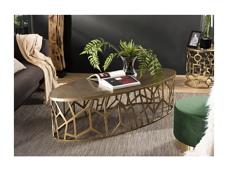 JOHAN - Table basse ovale 150x60cm aluminium doré piètement graphique