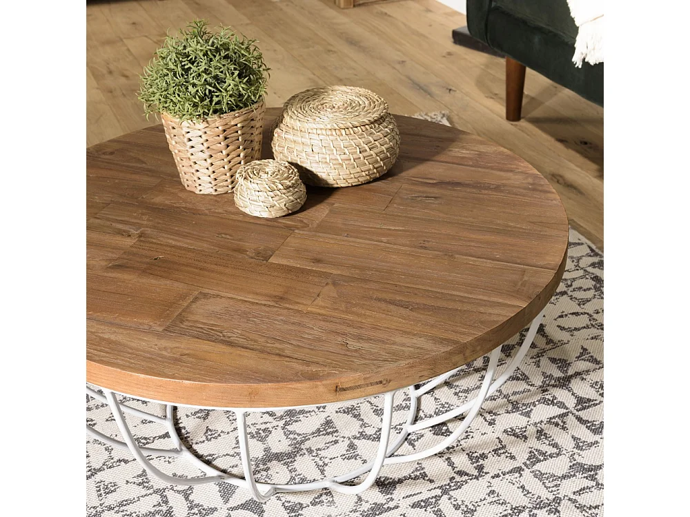 SIXTINE - Table basse ronde 80x80cm plateau bois teck recyclé blanc
