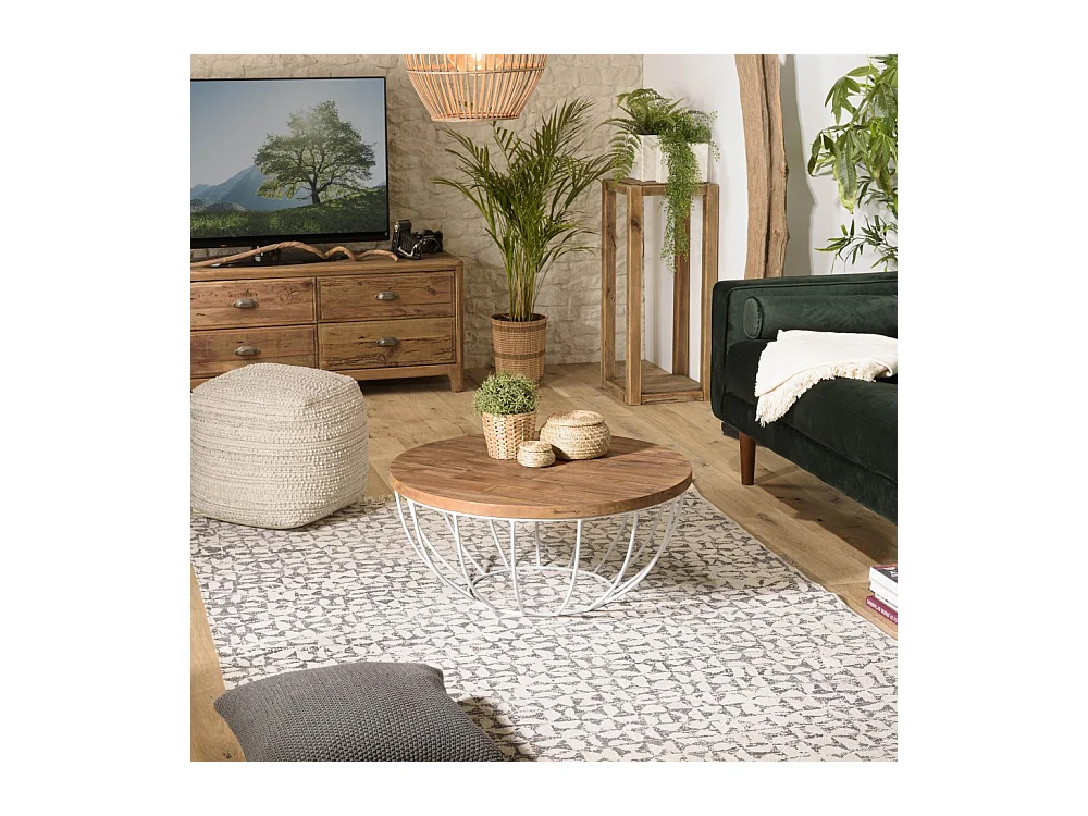 SIXTINE - Table basse coque ronde 80x80cm plateau teck recyclé piétement métal blanc