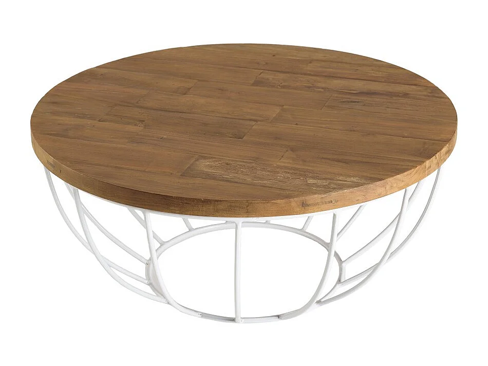 SIXTINE - Table basse ronde 80x80cm plateau bois teck recyclé blanc