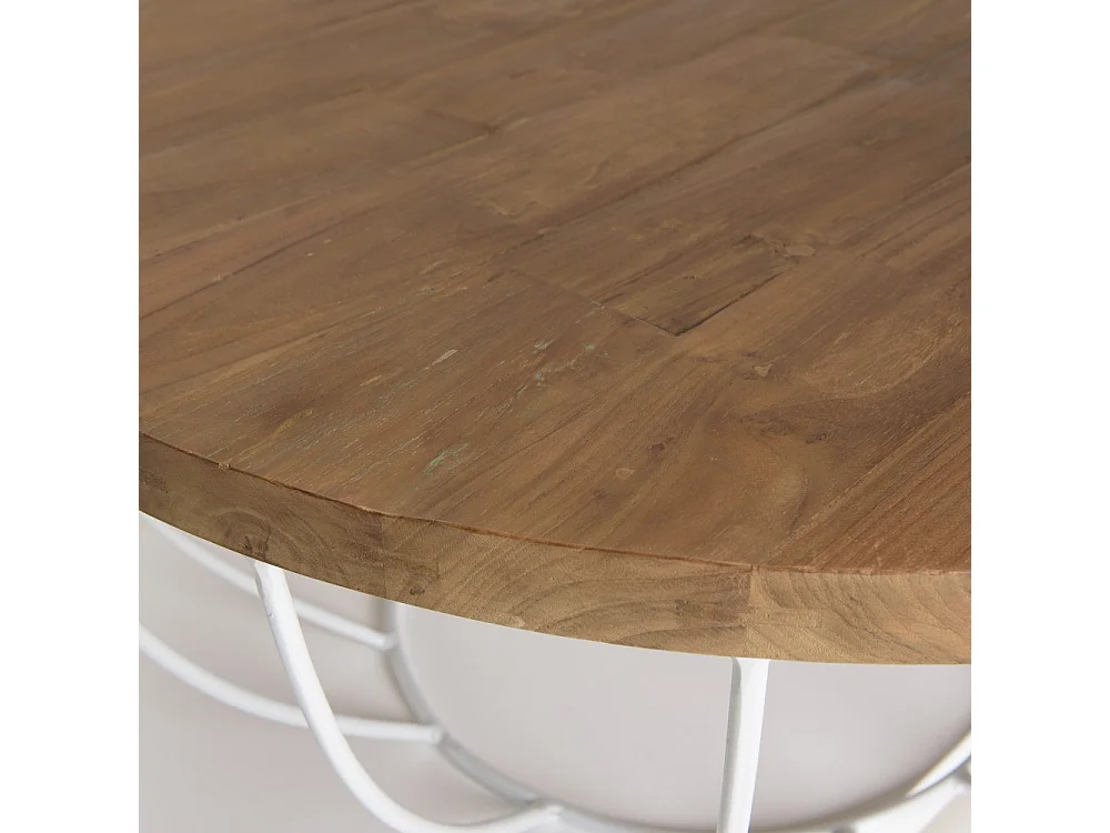 SIXTINE - Table basse ronde 80x80cm plateau bois teck recyclé blanc