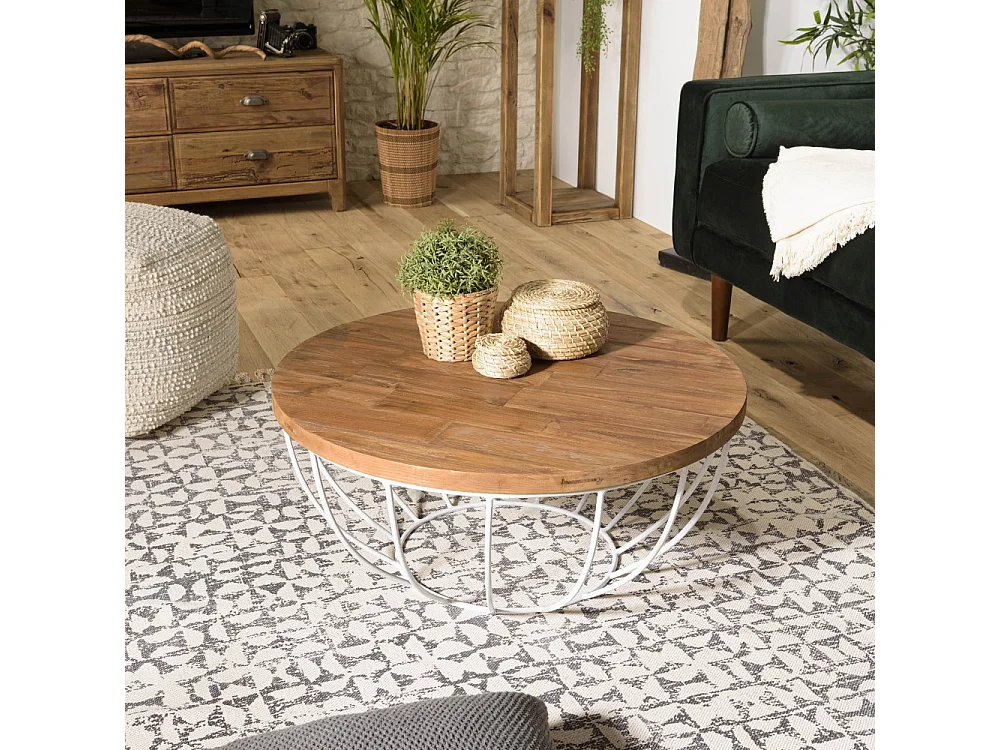 SIXTINE - Table basse ronde 80x80cm plateau bois teck recyclé blanc