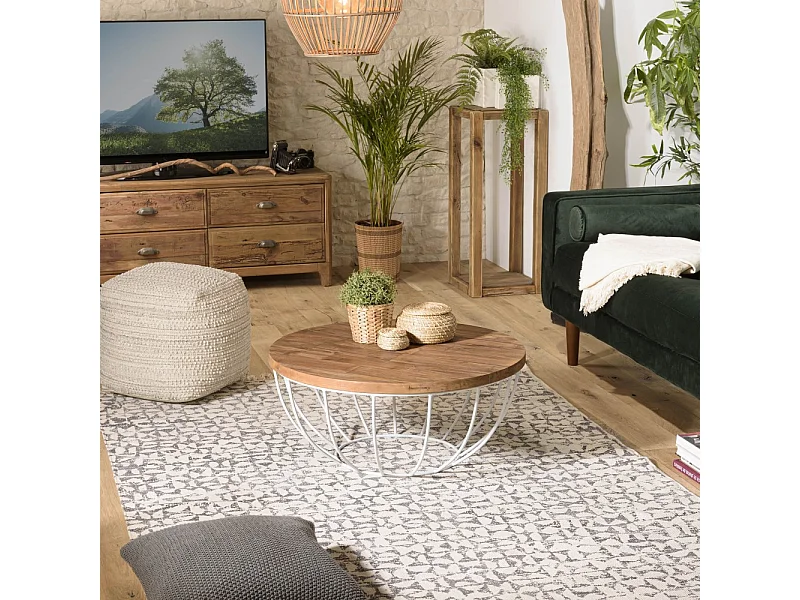 SIXTINE - Table basse ronde 80x80cm plateau bois teck recyclé blanc