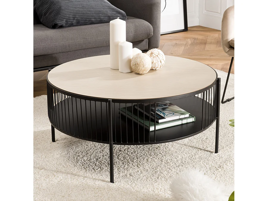 THEODORE - Table basse ronde double plateau 80x80cm base métal plateau bois clair