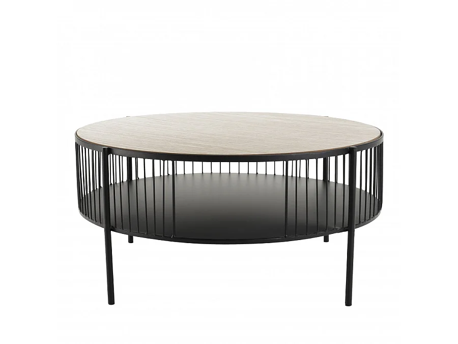 THEODORE - Table basse ronde double plateau 80x80cm base métal plateau bois clair