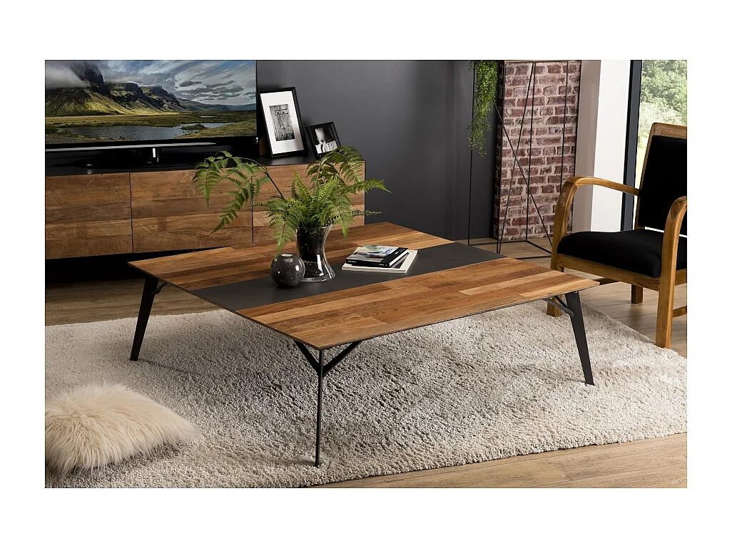 MAXENCE - Table basse carrée 120x120cm bois Teck recyclé et pieds noir