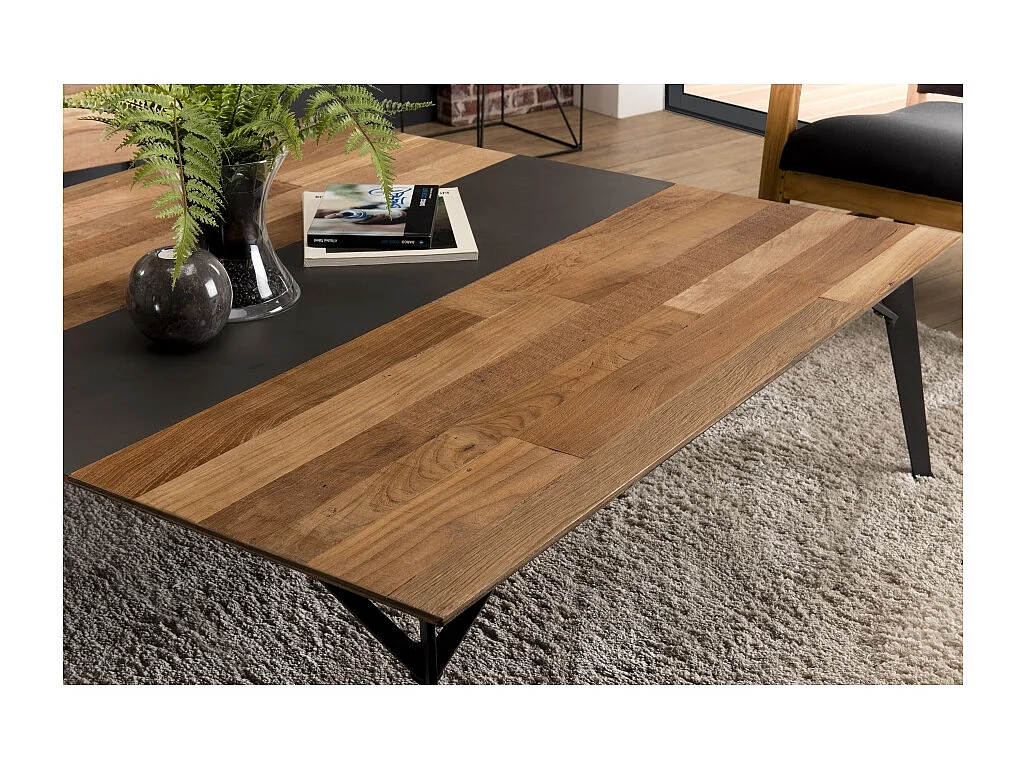 MAXENCE - Table basse carrée 120x120cm bois Teck recyclé et pieds noir